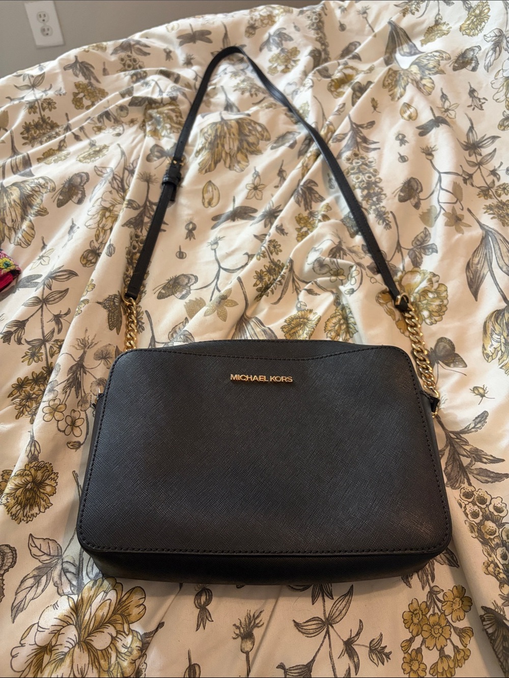 Michael Kors Black Leather Crossbody with Gold Chain Detail